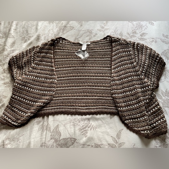 NWT Liz Claiborne Y2K Brown Crochet Stripe Open Knit Crop Cardigan 2X Goblincore - Picture 1 of 7